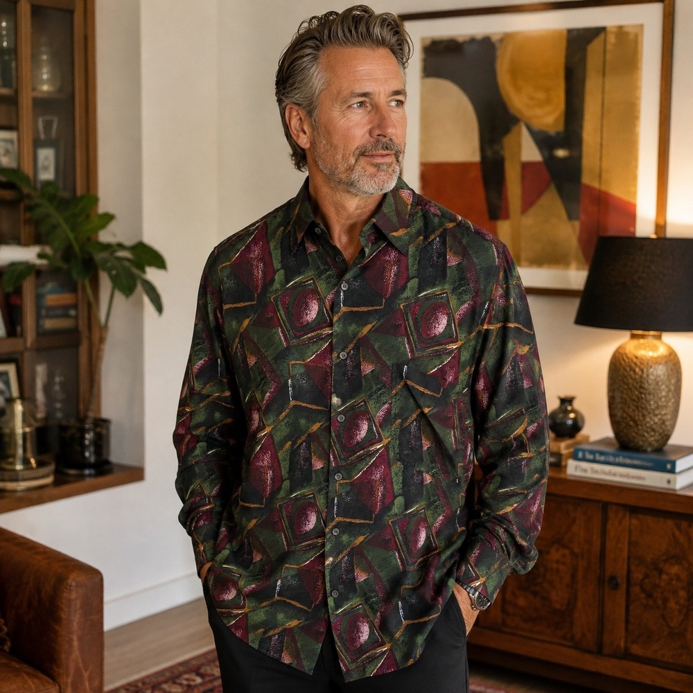 Vintage 90s Robert Stock Mens XL 100% Silk Shirt Abstract Geometric Long Sleeve